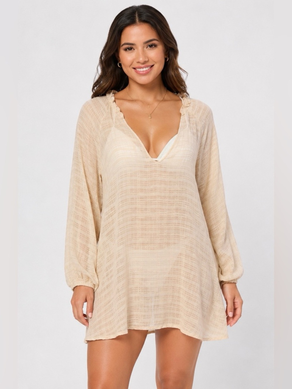 Nordstrom Rack Beige Sheer Tunic Cover Up Blouse Top Size Small NWT Oversized